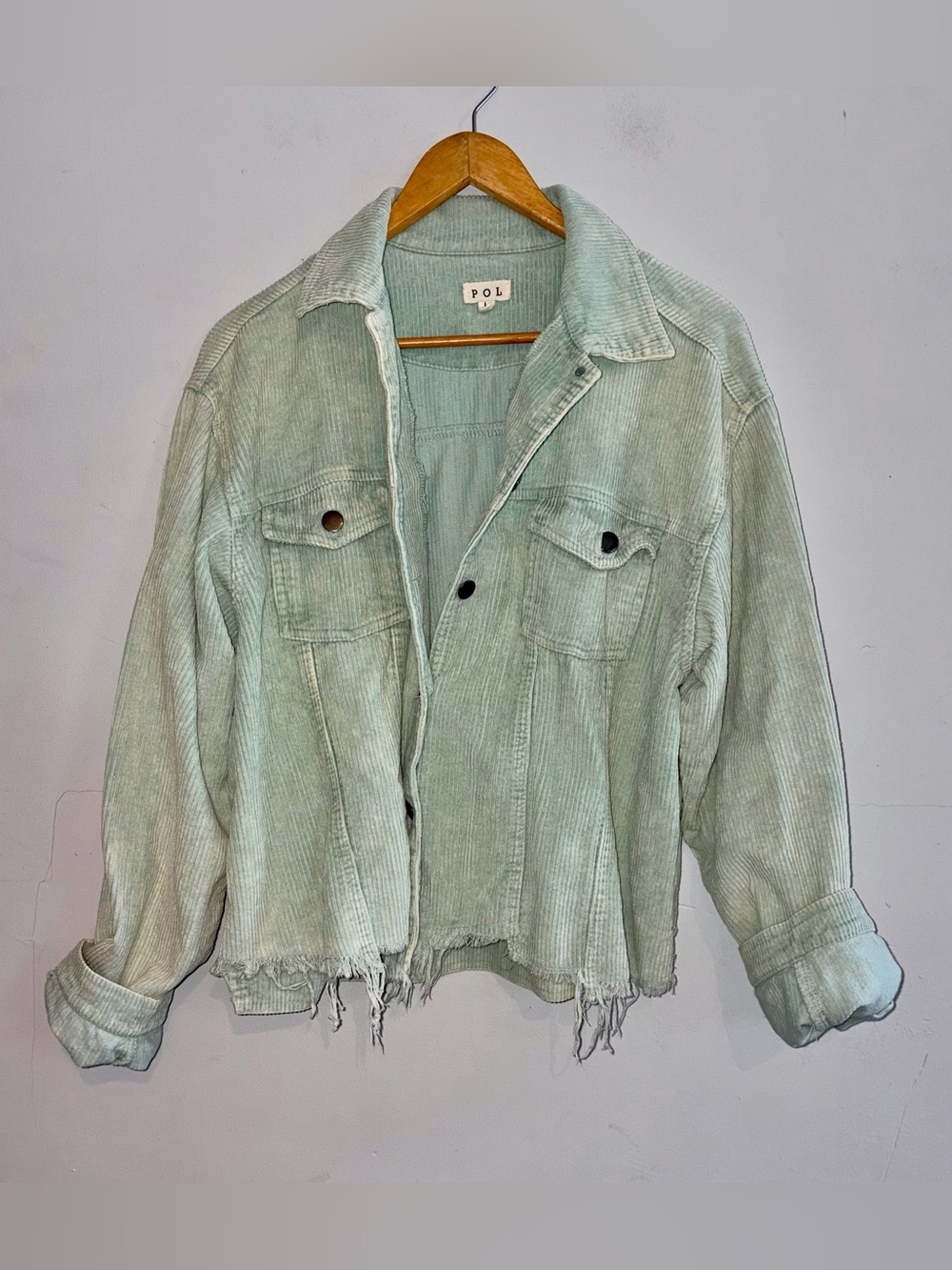 POL Corduroy Button Up Trucker Jacket Light Green Raw Hem Sz L - Picture 2 of 8
